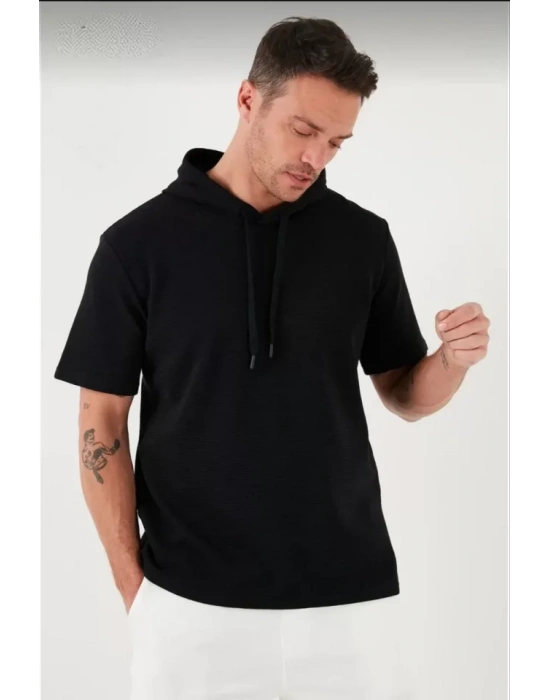 Unisex Kapşonlu Kısa Kol Düz Oversize Tshirt  iyah