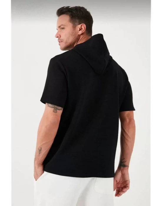Unisex Kapşonlu Kısa Kol Düz Oversize Tshirt  iyah