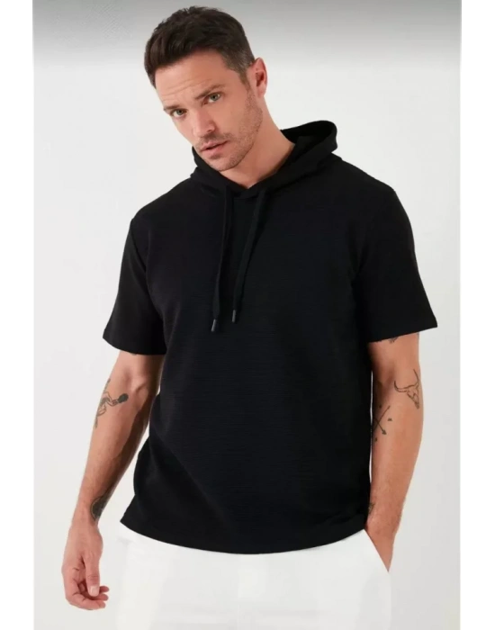 Unisex Kapşonlu Kısa Kol Düz Oversize Tshirt  iyah