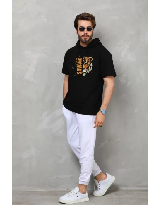 Unisex Kapşonlu Kısa Kol Oversize Baskılı Thirt  iyah