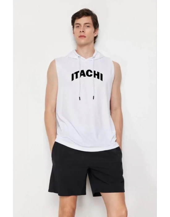 Unisex Kapşonlu Kolsuz Baskılı Oversize Tshirt  Beyaz