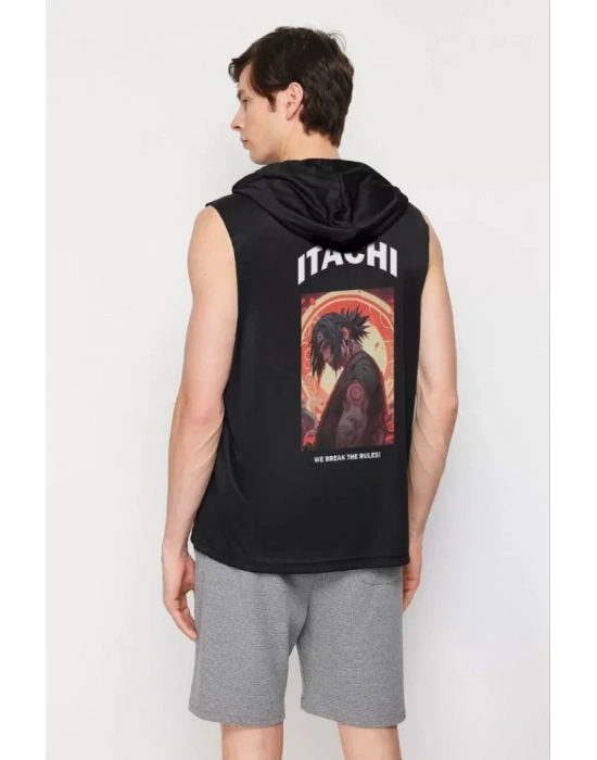 Unisex Kapşonlu Kolsuz Baskılı Oversize Tshirt  iyah