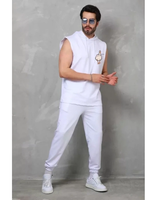 Unisex Kapşonlu Kolsuz Oversize Baskılı Tişört  Beyaz