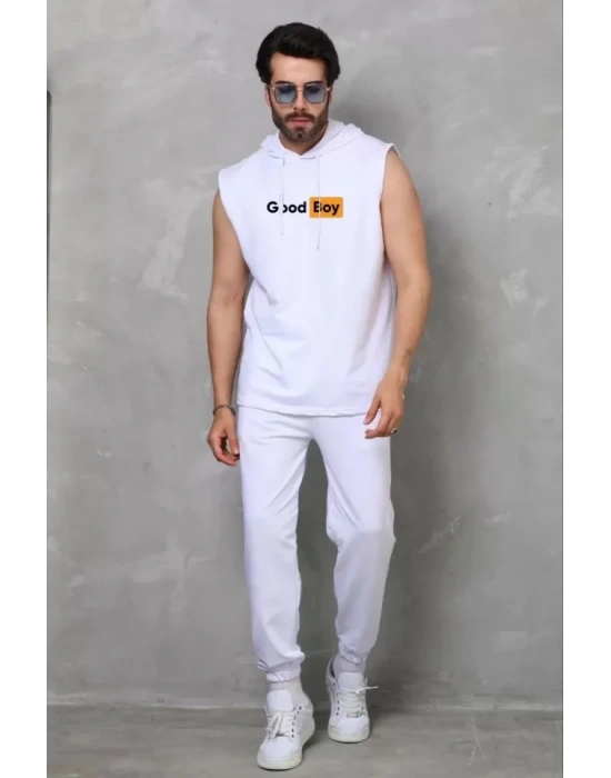 Unisex Kapşonlu Kolsuz Oversize Baskılı Tişört  Beyaz