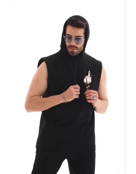 Unisex Kapşonlu Kolsuz Oversize Baskılı Tişört  iyah