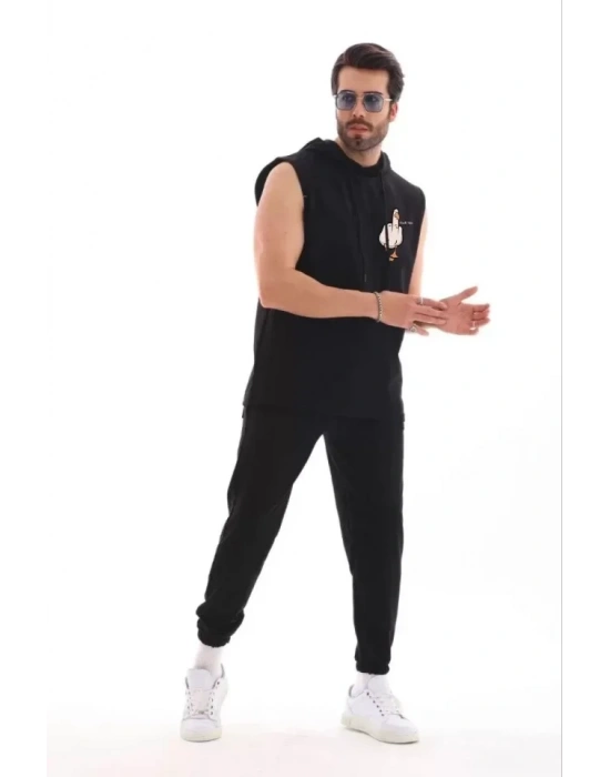 Unisex Kapşonlu Kolsuz Oversize Baskılı Tişört  iyah