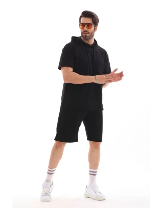 Unisex Kapşonlu Oversize Thirt Şortlu Takım  iyah