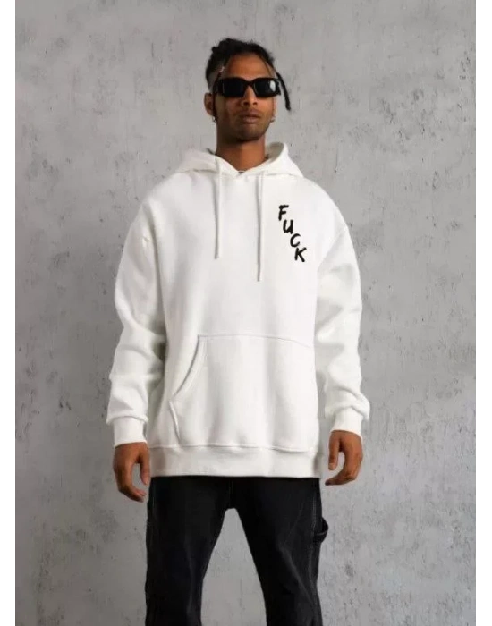 Unisex Kapşonlu Uzun Kol Baskılı weetshirt  Beyaz