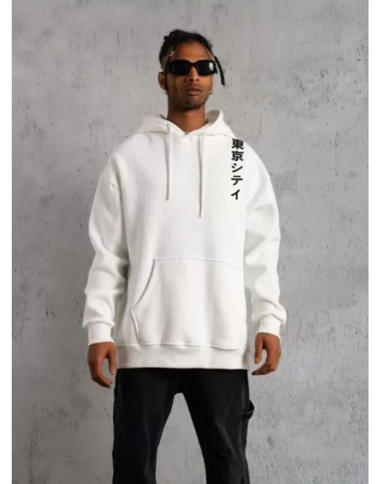 Unisex Kapşonlu Uzun Kol Baskılı weetshirt  Beyaz