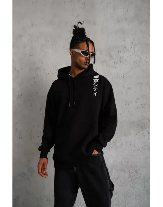 Unisex Kapşonlu Uzun Kol Baskılı weetshirt  iyah