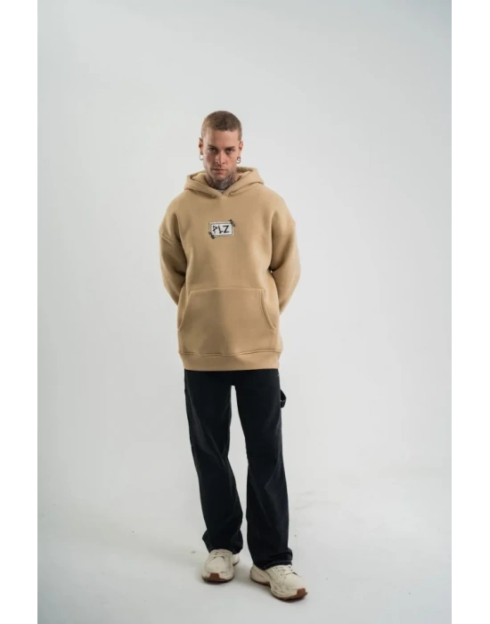 Unisex Kapşonlu Uzun Kol Patchli Nakışlı weathirt  Bej