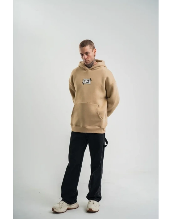 Unisex Kapşonlu Uzun Kol Patchli Nakışlı weathirt  Bej