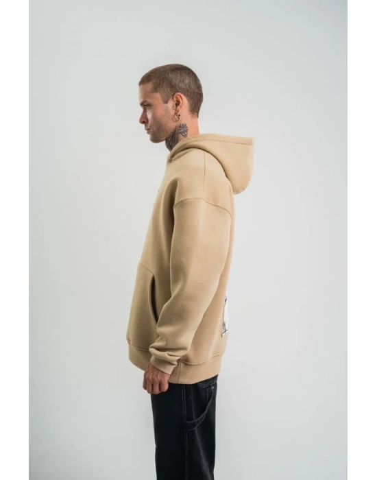 Unisex Kapşonlu Uzun Kol Patchli Nakışlı weathirt  Bej