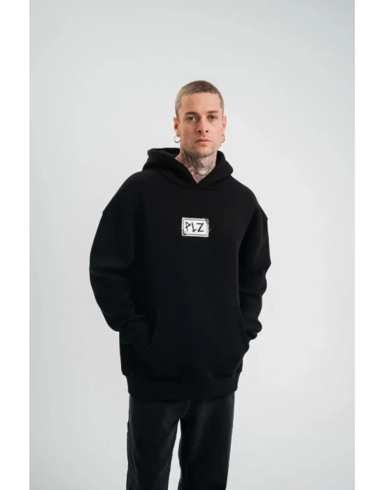 Unisex Kapşonlu Uzun Kol Patchli Nakışlı weathirt   iyah