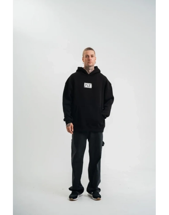 Unisex Kapşonlu Uzun Kol Patchli Nakışlı weathirt  iyah