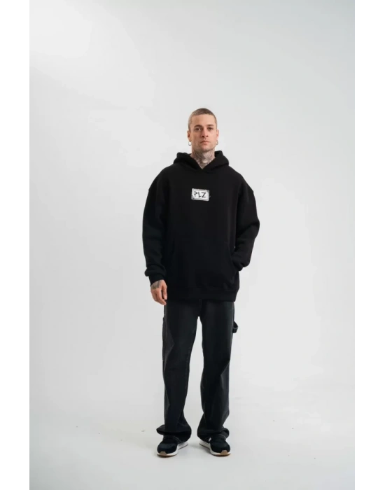 Unisex Kapşonlu Uzun Kol Patchli Nakışlı weathirt   iyah