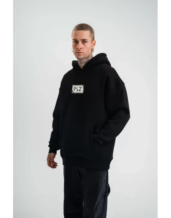 Unisex Kapşonlu Uzun Kol Patchli Nakışlı weathirt   iyah