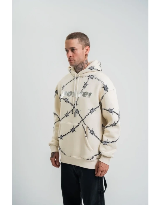 Unisex Kapşonlu Varak Ve Pano Baskılı weathirt  Bej