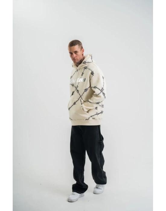 Unisex Kapşonlu Varak Ve Pano Baskılı weathirt  Bej