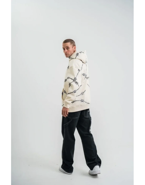 Unisex Kapşonlu Varak Ve Pano Baskılı weathirt  Bej