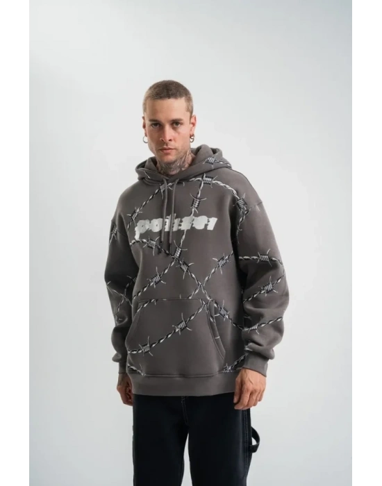 Unisex Kapşonlu Varak Ve Pano Baskılı weathirt  Füme