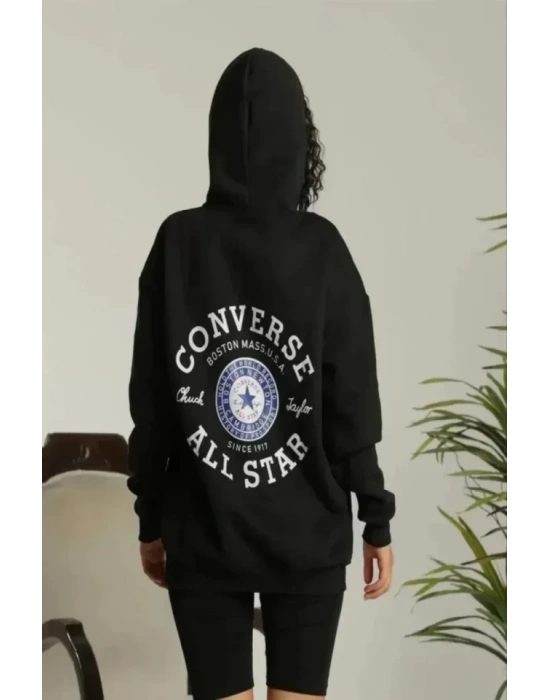 Unisex Kapüşonlu Üç İplik Oversize Baskılı weatshirt  iyah