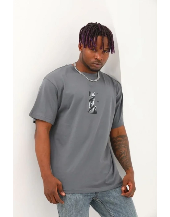 Unisex Oversize Baskılı Bisiklet Yaka Thirt  Füme