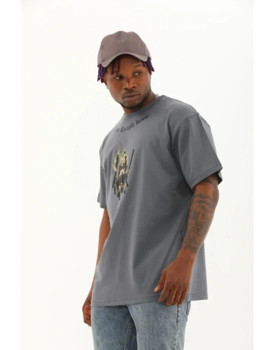 Unisex Oversize Baskılı Bisiklet Yaka Thirt  Füme