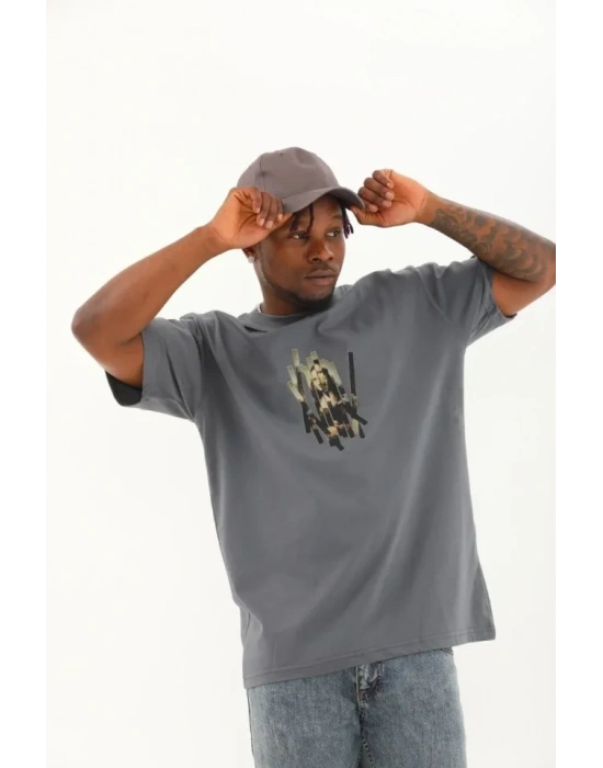 Unisex Oversize Baskılı Bisiklet Yaka Thirt  Füme