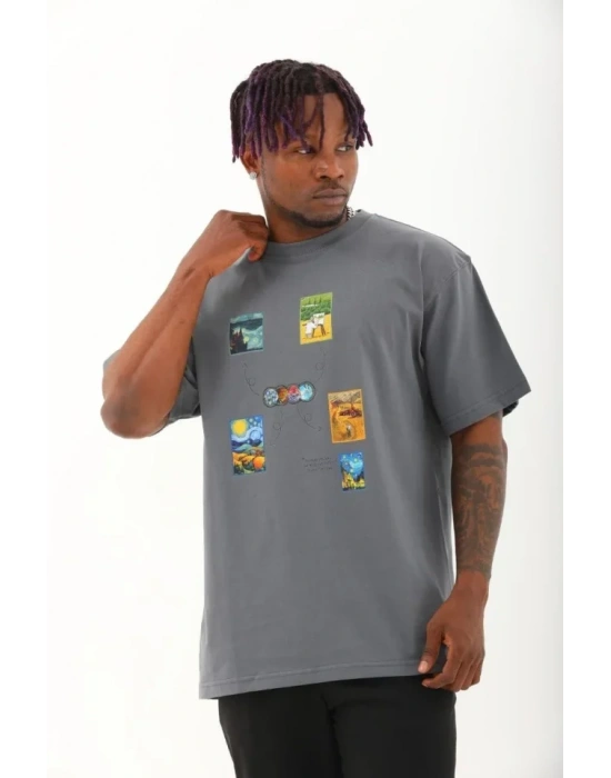 Unisex Oversize Baskılı Bisiklet Yaka Thirt  Füme