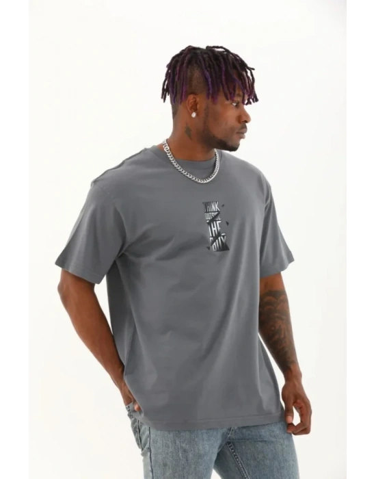 Unisex Oversize Baskılı Bisiklet Yaka Thirt  Füme