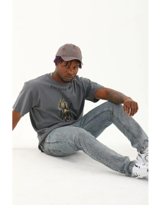 Unisex Oversize Baskılı Bisiklet Yaka Thirt  Füme