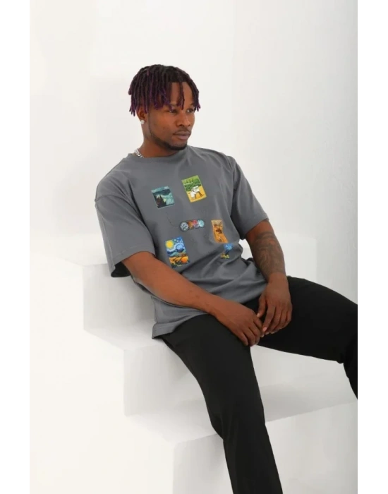 Unisex Oversize Baskılı Bisiklet Yaka Thirt  Füme