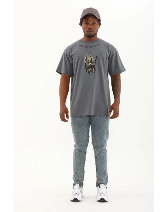 Unisex Oversize Baskılı Bisiklet Yaka Thirt  Füme