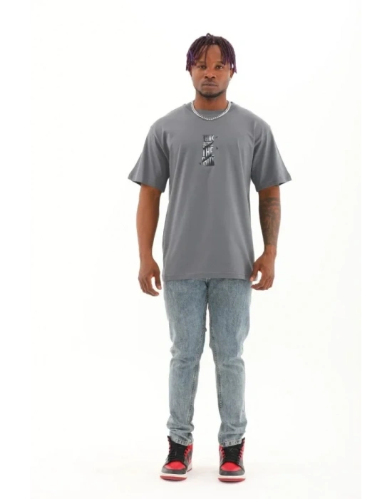 Unisex Oversize Baskılı Bisiklet Yaka Thirt  Füme