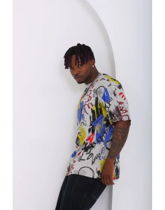 Unisex Oversize Baskılı Bisiklet Yaka Thirt  Gri