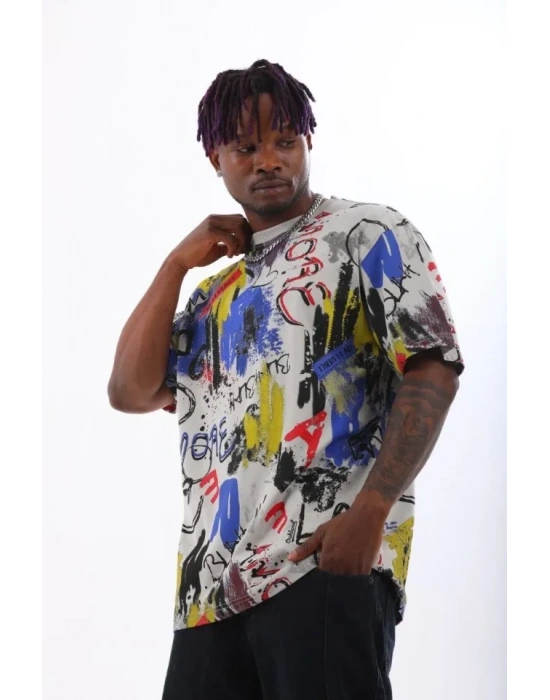 Unisex Oversize Baskılı Bisiklet Yaka Thirt  Gri