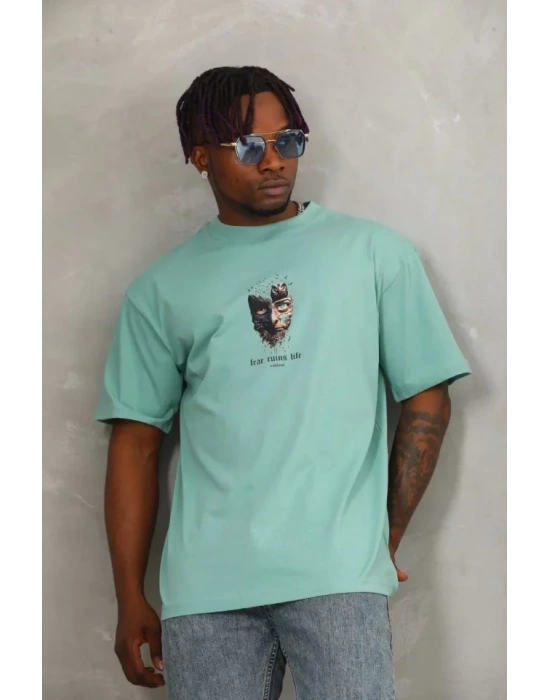 Unisex Oversize Baskılı Bisiklet Yaka Thirt  int Yeşili