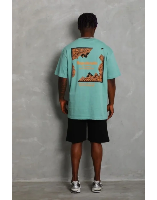 Unisex Oversize Baskılı Bisiklet Yaka Thirt  int Yeşili