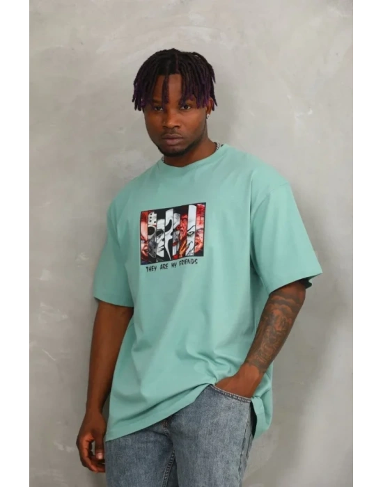 Unisex Oversize Baskılı Bisiklet Yaka Thirt  int Yeşili