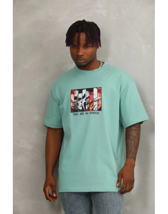 Unisex Oversize Baskılı Bisiklet Yaka Thirt  int Yeşili