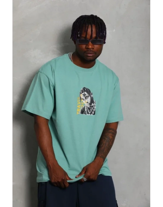 Unisex Oversize Baskılı Bisiklet Yaka Thirt  int Yeşili