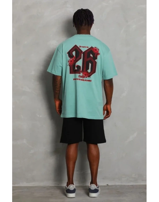 Unisex Oversize Baskılı Bisiklet Yaka Thirt  int Yeşili