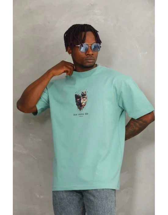 Unisex Oversize Baskılı Bisiklet Yaka Thirt  int Yeşili