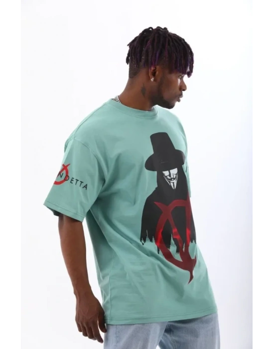 Unisex Oversize Baskılı Bisiklet Yaka Thirt  int Yeşili