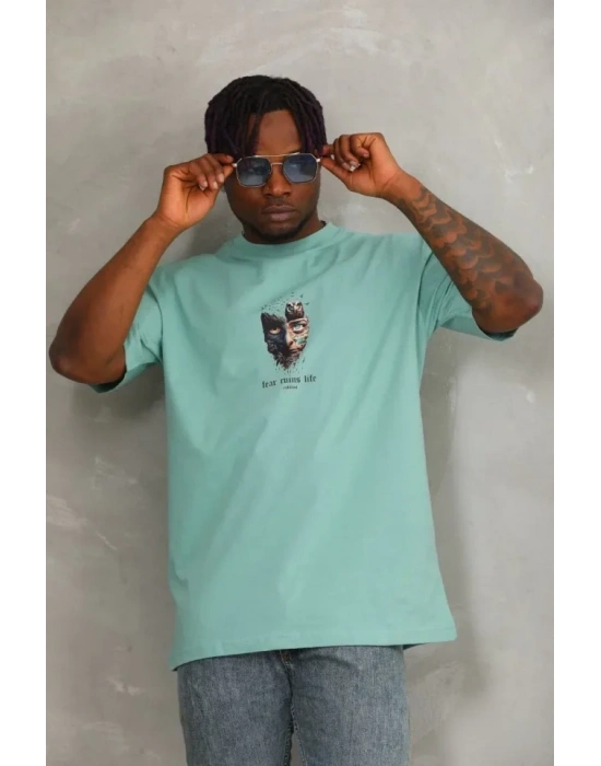 Unisex Oversize Baskılı Bisiklet Yaka Thirt  int Yeşili