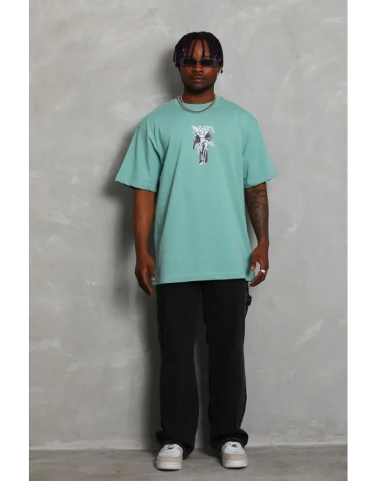 Unisex Oversize Baskılı Bisiklet Yaka Thirt  int Yeşili