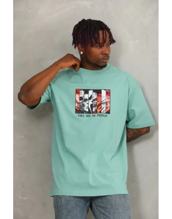 Unisex Oversize Baskılı Bisiklet Yaka Thirt  int Yeşili