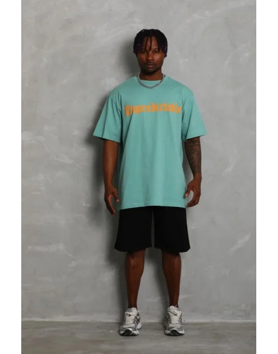 Unisex Oversize Baskılı Bisiklet Yaka Thirt  int Yeşili