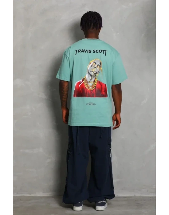 Unisex Oversize Baskılı Bisiklet Yaka Thirt  int Yeşili